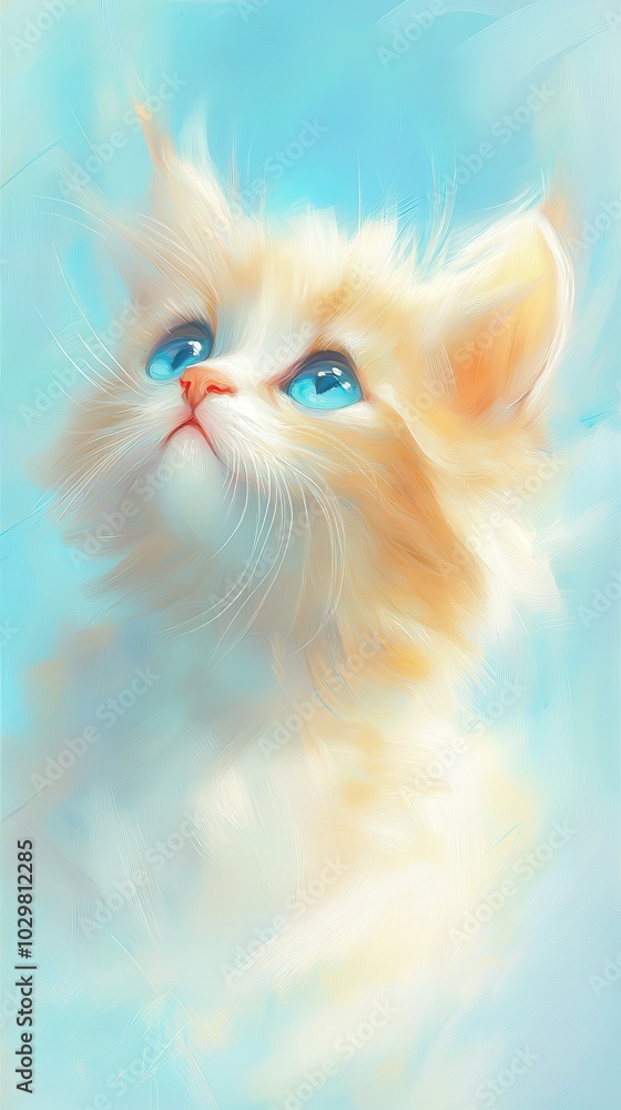 A cute cat with blue eyes is staring at the camera. The cat is white and has a fluffy tail. The image has a calm and peaceful mood, as the cat appears to be content and relaxed A cute cat with blue eyes is staring at the camera. The cat is white and has a fluffy tail. The image has a calm and peaceful mood, as the cat appears to be content and relaxed