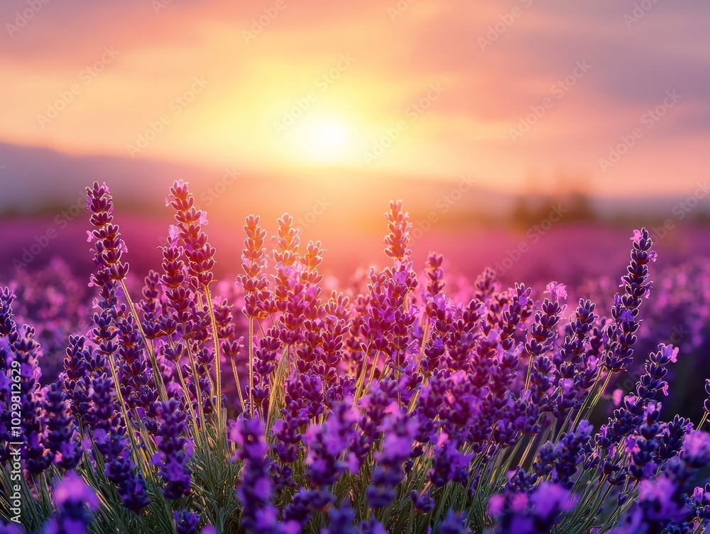 Obraz premium Blooming Violet Lavender Field at Sunset - ai