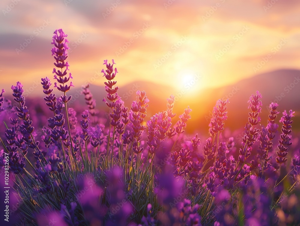 Fototapeta premium Blooming Violet Lavender Field at Sunset - ai