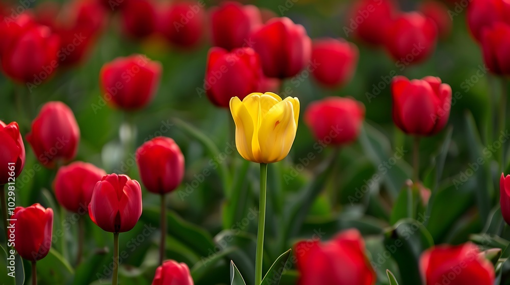 One yellow tulip between red tulips in the garden One yellow tulip between red tulips in the garden