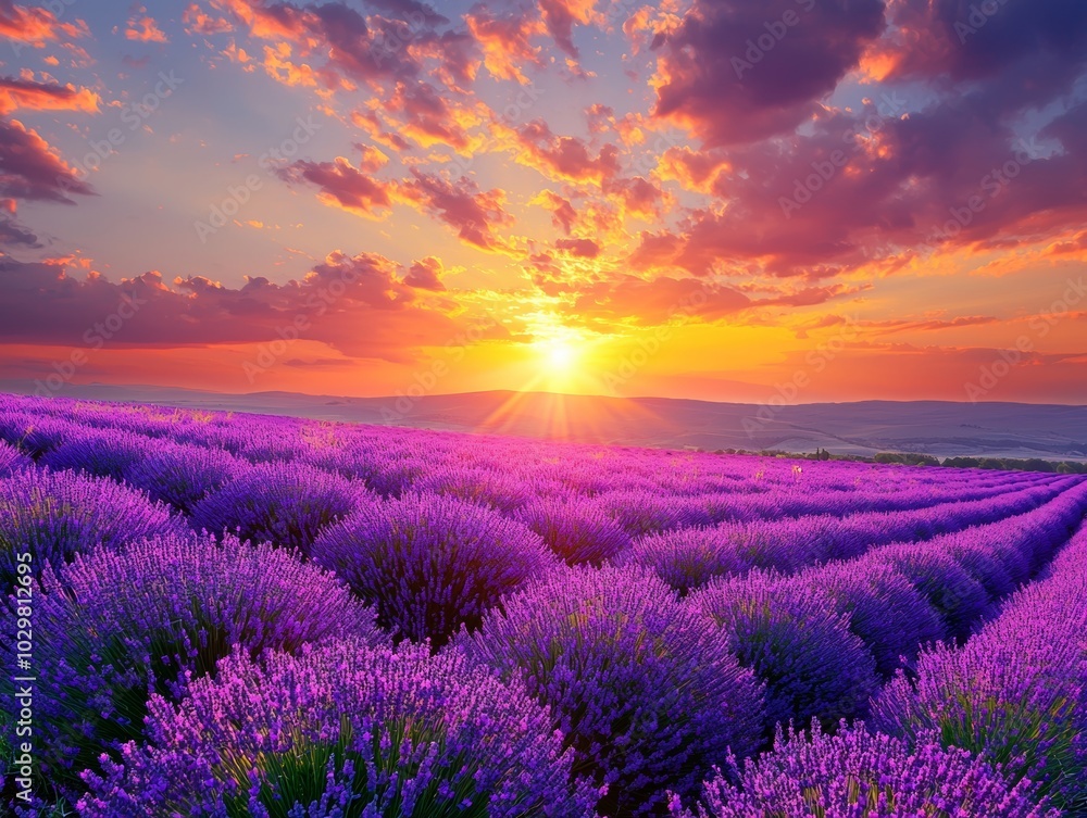 Blooming Violet Lavender Field at Sunset - ai Blooming Violet Lavender Field at Sunset - ai