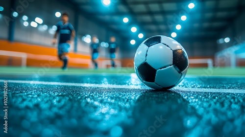 Soccer Ball on Indoor Futsal Court with Players in Sports Hall photo