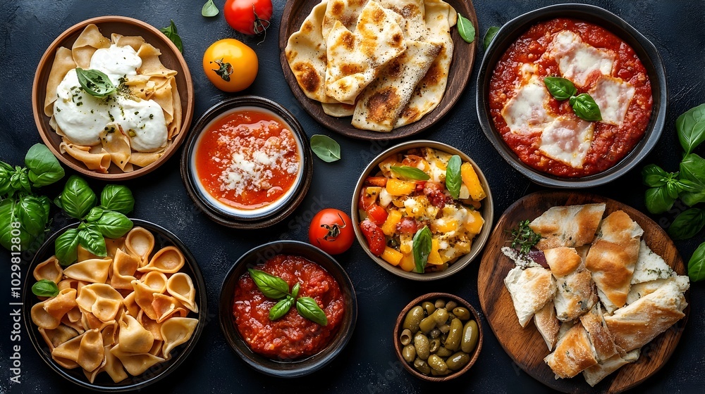 Assorted Italy Food Set on Dark Background with Bowls and Plates of Diverse Cuisine Assorted Italy Food Set on Dark Background with Bowls and Plates of Diverse Cuisine