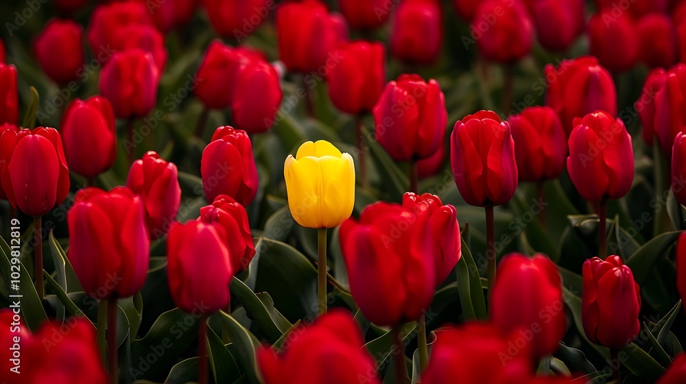 One yellow tulip between red tulips in the garden One yellow tulip between red tulips in the garden