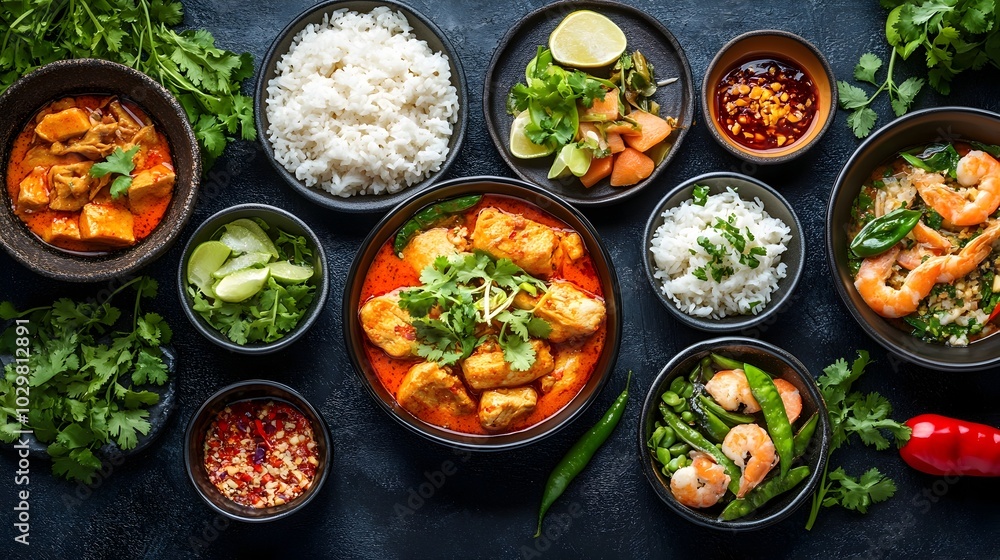 Assorted Flavorful Thai Cuisine Dishes Served in Bowls and Plates on Dark Background Assorted Flavorful Thai Cuisine Dishes Served in Bowls and Plates on Dark Background
