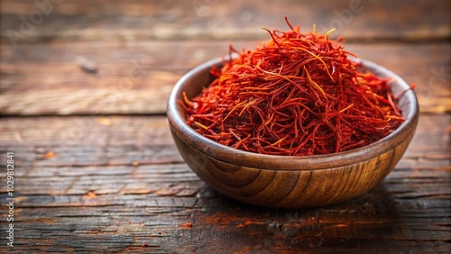 Saffron threads in a small bowl surrounded by spilled threads