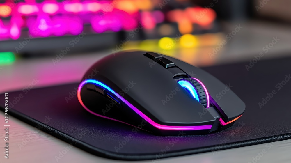 A high-performance gaming mouse on a dynamic RGB-lit gaming mat Emphasize the ergonomic design A high-performance gaming mouse on a dynamic RGB-lit gaming mat Emphasize the ergonomic design