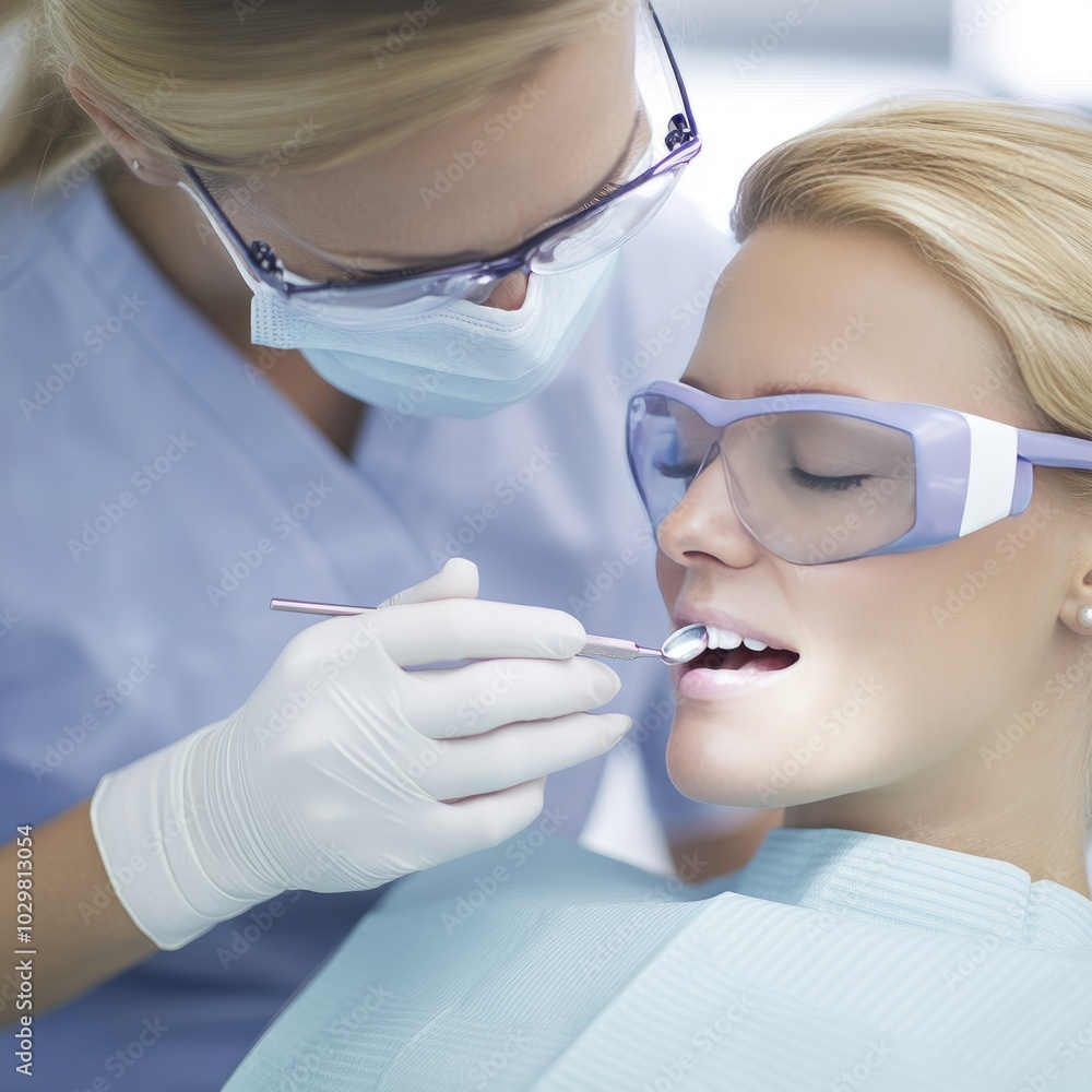 A dentist examines a patient's teeth in a dental clinic setting. A dentist examines a patient's teeth in a dental clinic setting.