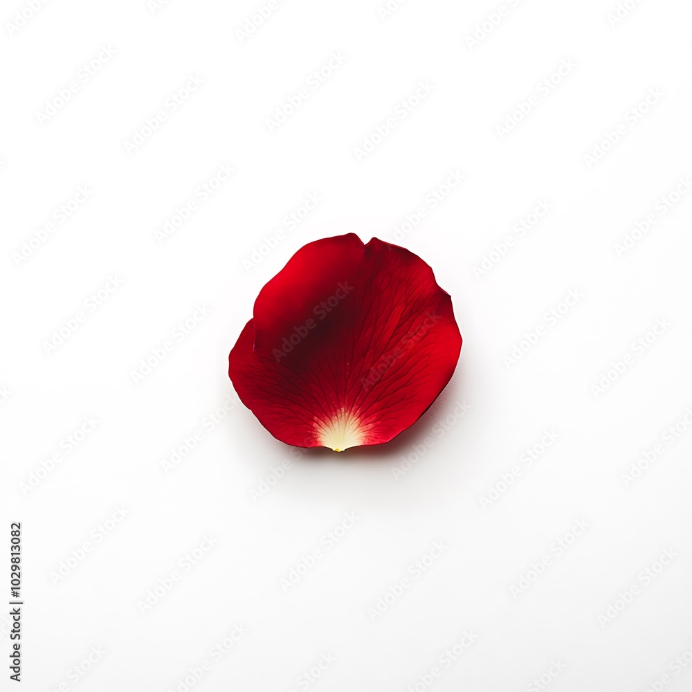 A single red rose petal rests on a blank white surface, showcasing its vibrant color and delicate texture. A single red rose petal rests on a blank white surface, showcasing its vibrant color and delicate texture.