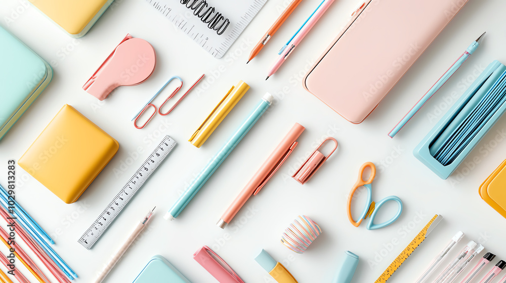 Vibrant and colorful stationery items artfully arranged on a surface showcasing creative tools for every student and professional Vibrant and colorful stationery items artfully arranged on a surface showcasing creative tools for every student and professional
