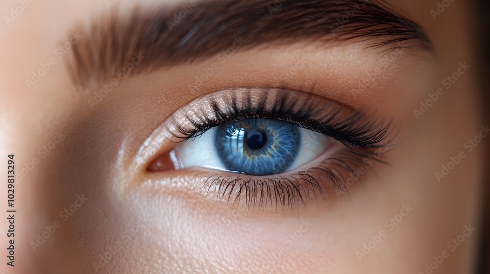 Close up View of Stunning Blue Female Eye with Long Lashes and Flawless Skin Close up View of Stunning Blue Female Eye with Long Lashes and Flawless Skin