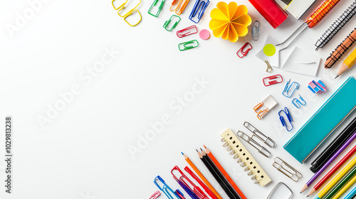 Colorful collection of office tools on minimalist white background discovering the beauty of everyday stationery photo