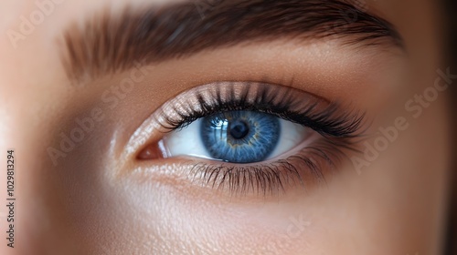 Close up View of Stunning Blue Female Eye with Long Lashes and Flawless Skin