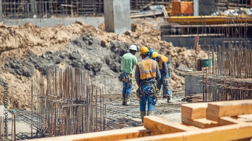 Workers on-site with a background of materials ready for use in the building process.