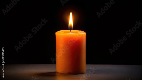 Symmetrical orange candle burning on black background