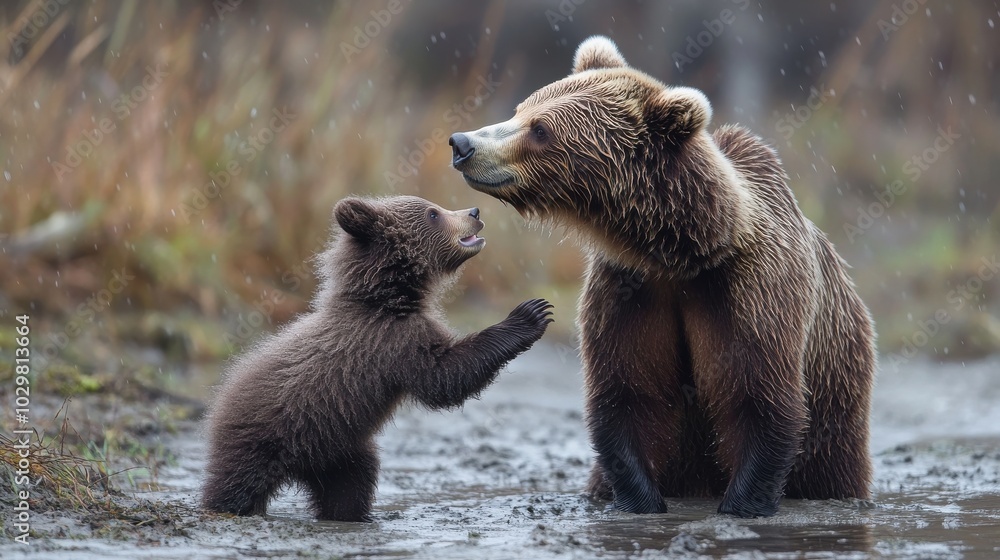 Obraz premium A wildlife shot of a bear cub playing with its mother, showcasing the playful and nurturing bond in nature.