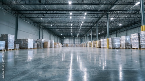 A sleek, modern warehouse filled with pallets of building materials and advanced equipment.