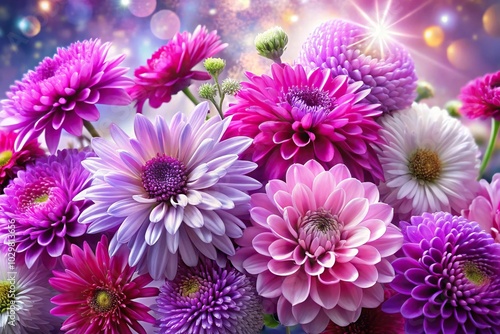 Vibrant wide-angle shot of pink purple and silver flowers