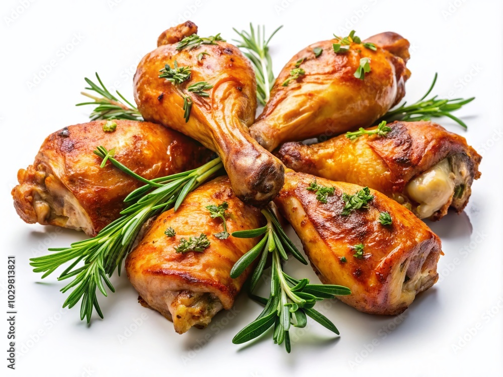 Delicious Roasted Chicken Legs with Herb Garnish on White Background - Low Light Photography Delicious Roasted Chicken Legs with Herb Garnish on White Background - Low Light Photography