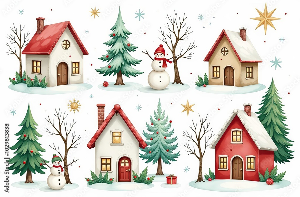 Fototapeta premium Large set of hand-drawn watercolor illustrations on the theme of Christmas. Cozy Christmas houses. Stars, snowflakes, spruce and branches, festive mood for stickers, decorations, design