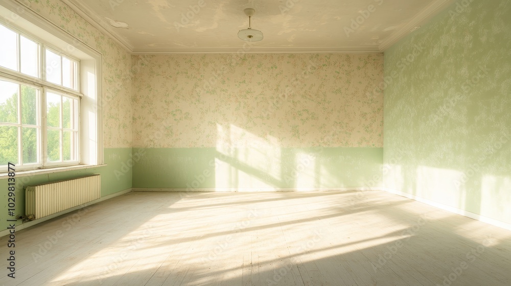 Obraz premium A large empty room with a green wall and white trim. The room is very clean and empty