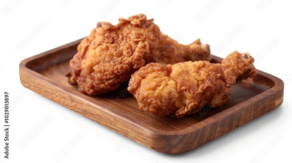 Crispy Fried Chicken Legs on Wooden Tray Crispy Fried Chicken Legs on Wooden Tray