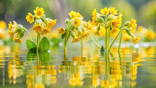 Vibrant yellow cowslip flowers reflected in the water