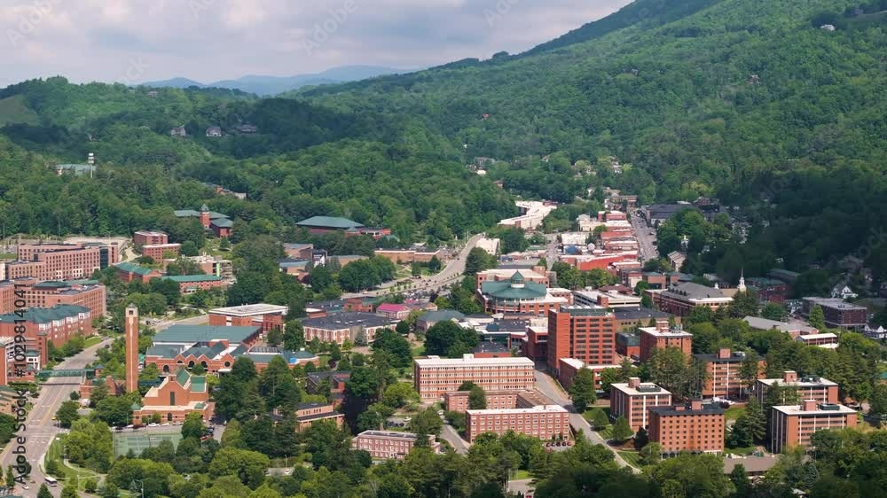 Aerial view of Boone, old historical town in North Carolina Blue Ridge Mountains. Beautiful historic American architecture. Aerial view of Boone, old historical town in North Carolina Blue Ridge Mountains. Beautiful historic American architecture.
