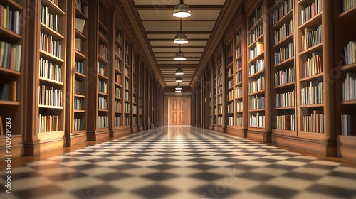 Library interior with rows of books.