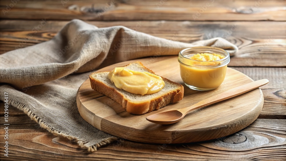 Delicious Slice of Bread with Ghee on Wooden Plate - Rustic Still Life Photography Delicious Slice of Bread with Ghee on Wooden Plate - Rustic Still Life Photography