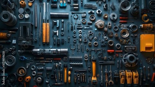 Assorted Auto Repair Tools and Parts Arranged on Dark Background