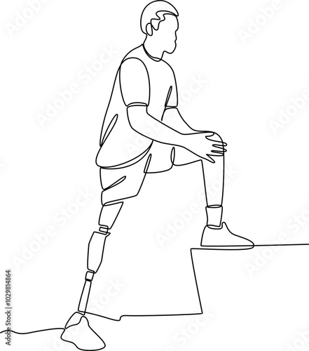 Disabled man with prosthetic leg one line art vector