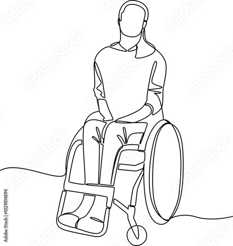 Disabled man in a wheelchair one line art vector