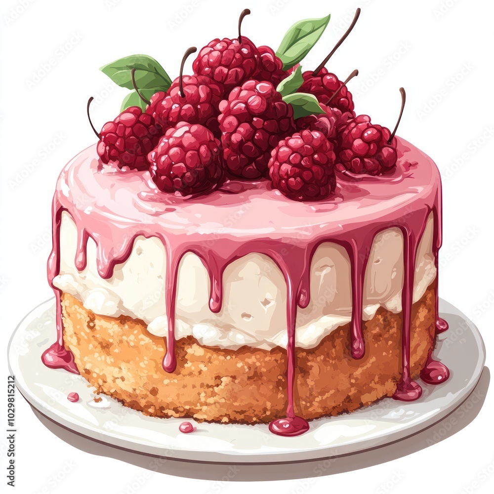 Delicious Cake with Raspberry Glaze and Fresh Raspberries Illustration Delicious Cake with Raspberry Glaze and Fresh Raspberries Illustration