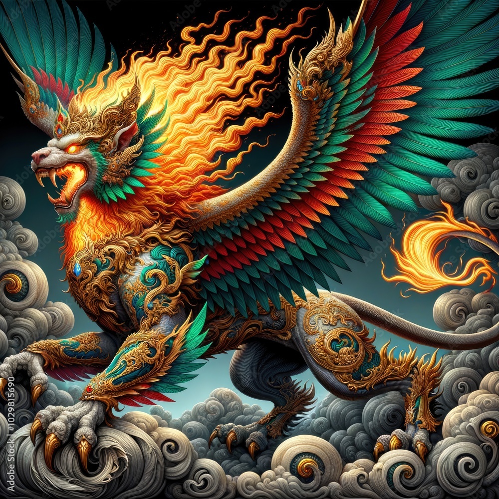 Fototapeta premium Mythical Garuda-Lion Guardian: A Hyper-Realistic Depiction of a Majestic, Fiery Winged Beast with Intricate Gold Armor, Vibrant Feathers, and Dynamic Energy, Exuding Divine Power and Celestial
