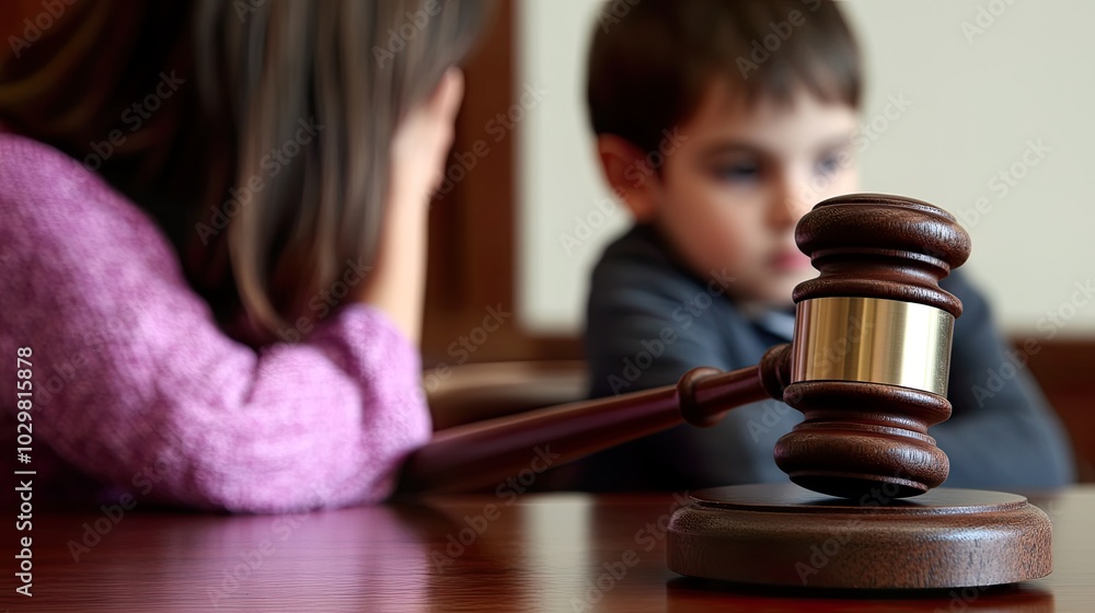 Child and gavel in a courtroom setting. Child law Child and gavel in a courtroom setting. Child law
