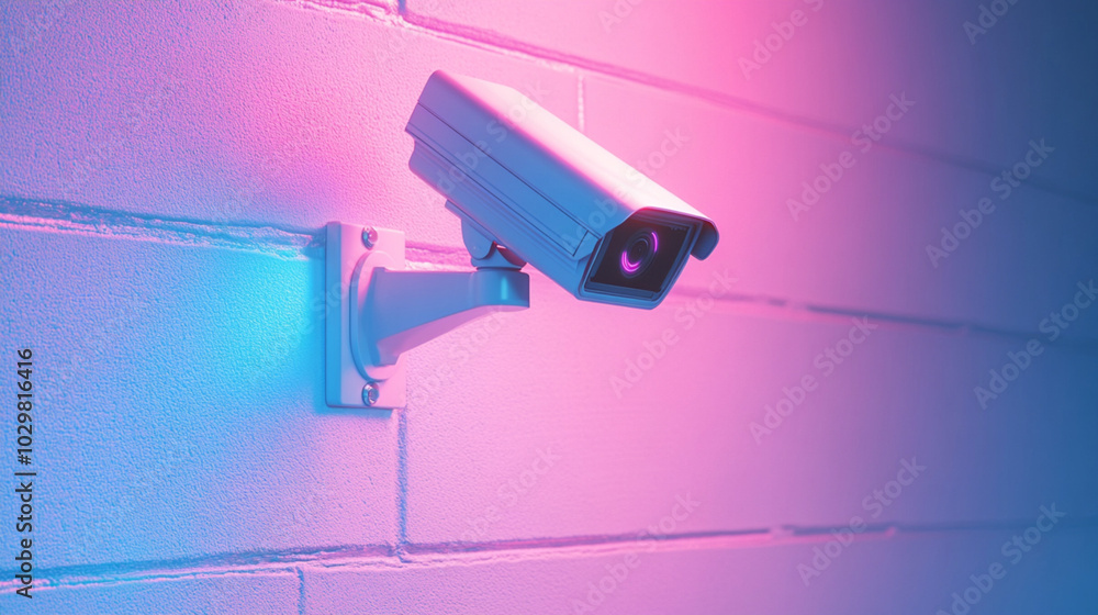 security camera, CCTV on wall, neon light security camera, CCTV on wall, neon light