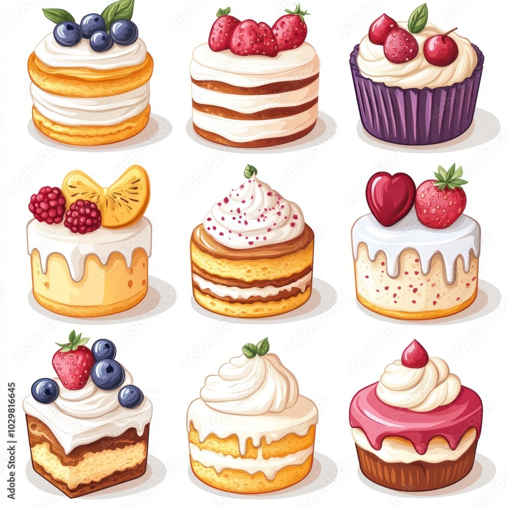 Illustration of Nine Delicious Cakes with Different Toppings Illustration of Nine Delicious Cakes with Different Toppings