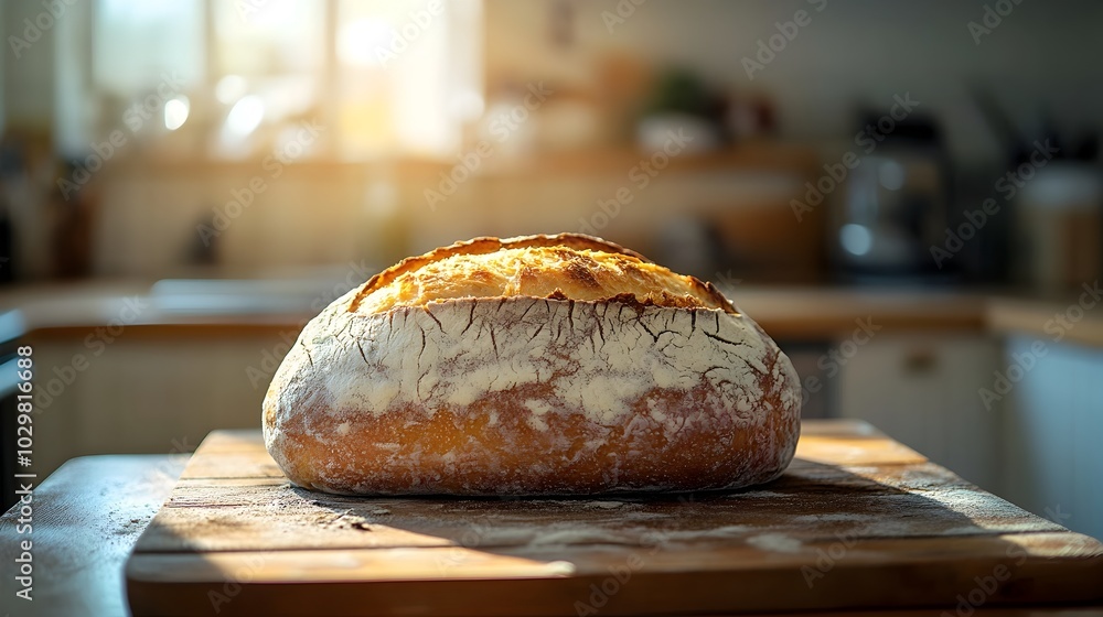 Freshly Baked Artisanal Sourdough Loaf Cooling on Wooden Rack in Contemporary Kitchen Freshly Baked Artisanal Sourdough Loaf Cooling on Wooden Rack in Contemporary Kitchen