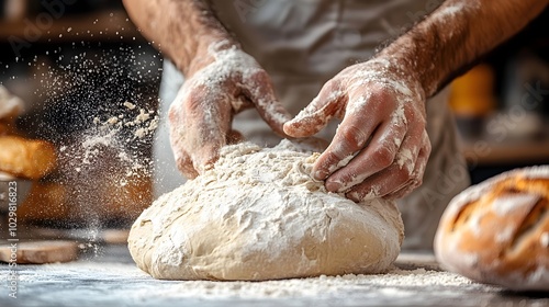 Artisan Baker Shaping Sourdough Bread Dough on Floured Countertop in Modern Bakery