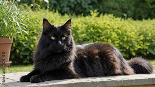 Black maine coon cat lying outside in the garden