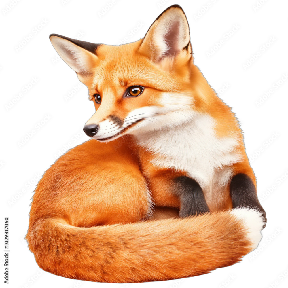 Fototapeta premium Red fox sitting with curled tail on transparent background