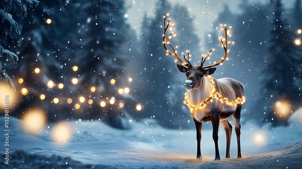 A majestic reindeer standing in the snow A majestic reindeer standing in the snow