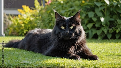 Black maine coon cat lying outside in the garden