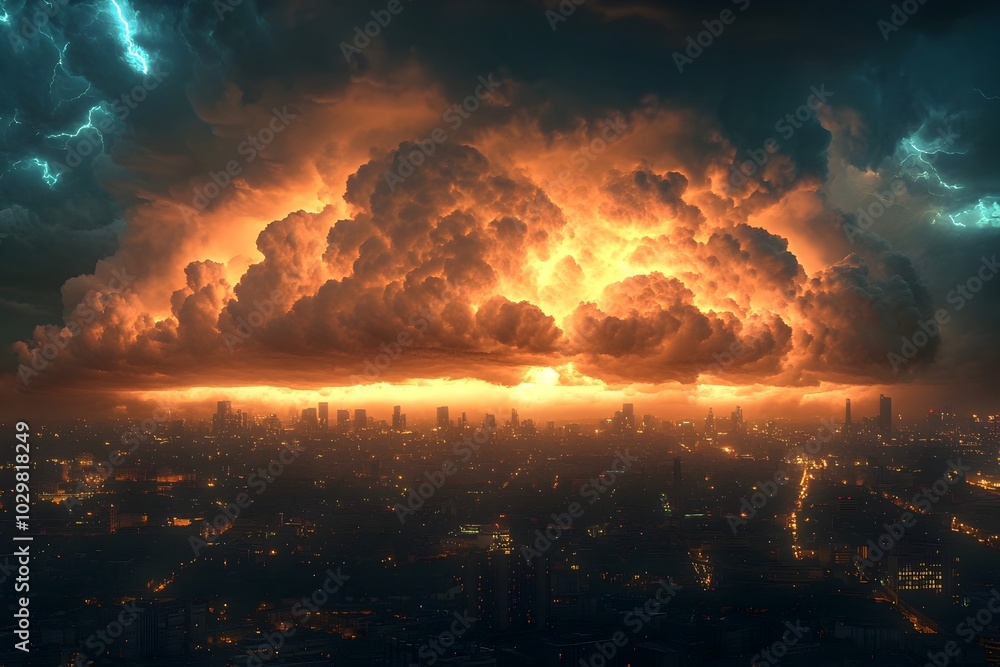 Massive Energy Beams Controlling Dramatic Storm Clouds Over Futuristic City Skyline Massive Energy Beams Controlling Dramatic Storm Clouds Over Futuristic City Skyline