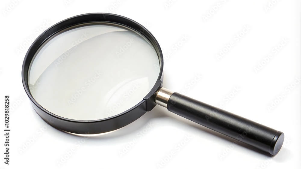 Symmetrical round magnifying glass in black frame with handle isolated on white background Symmetrical round magnifying glass in black frame with handle isolated on white background