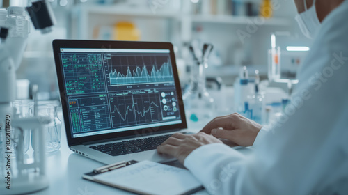 Lab technical student sitting in white labcoat typing on laptop, screen on laptop has charts and graphs with legal pad next to him with notes in Laboratory Medicine, Lab Diagnostics, Drug development