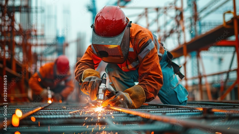 Dedicated Workers Welding Steel Structures High Above the City, Creating Architectural Marvels Dedicated Workers Welding Steel Structures High Above the City, Creating Architectural Marvels