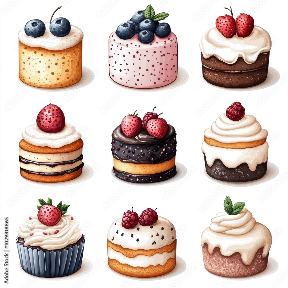 Illustration of 9 Delicious Cakes with Various Toppings Illustration of 9 Delicious Cakes with Various Toppings