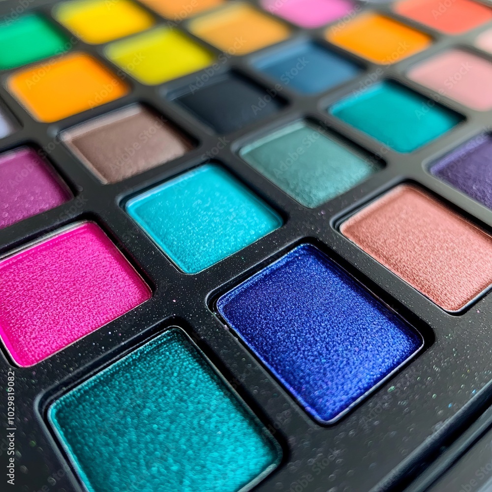 A colorful array of eyeshadow shades in a makeup palette. A colorful array of eyeshadow shades in a makeup palette.